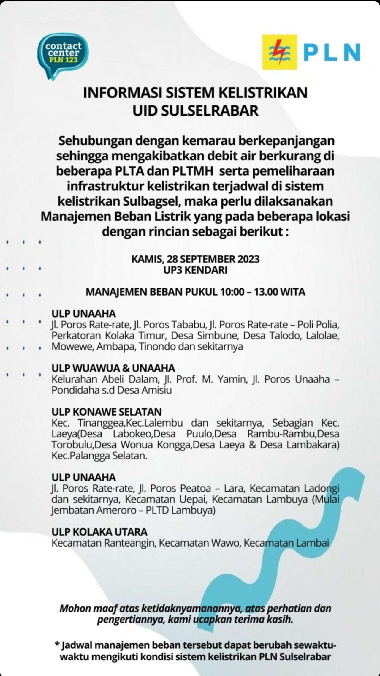Mulai Pukul 10.00 WITA Kamis 28 September 2023 Kendari, Konsul, Kolaka, dan Sekitarnya Listrik Padam!