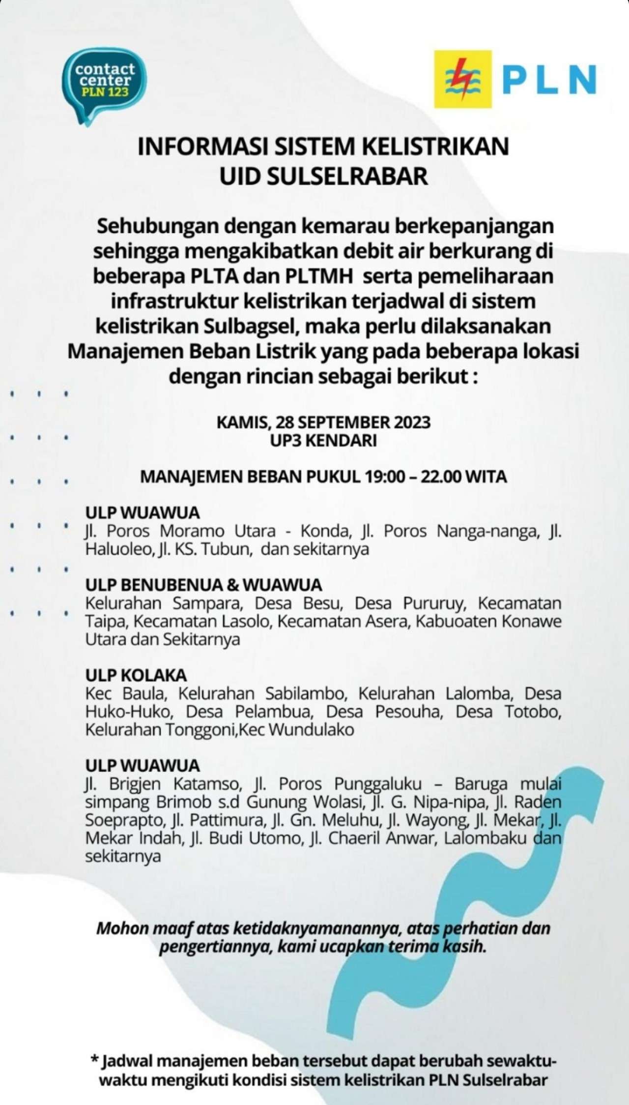 Mulai Pukul 10.00 WITA Kamis 28 September 2023 Kendari, Konsul, Kolaka, dan Sekitarnya Listrik Padam!