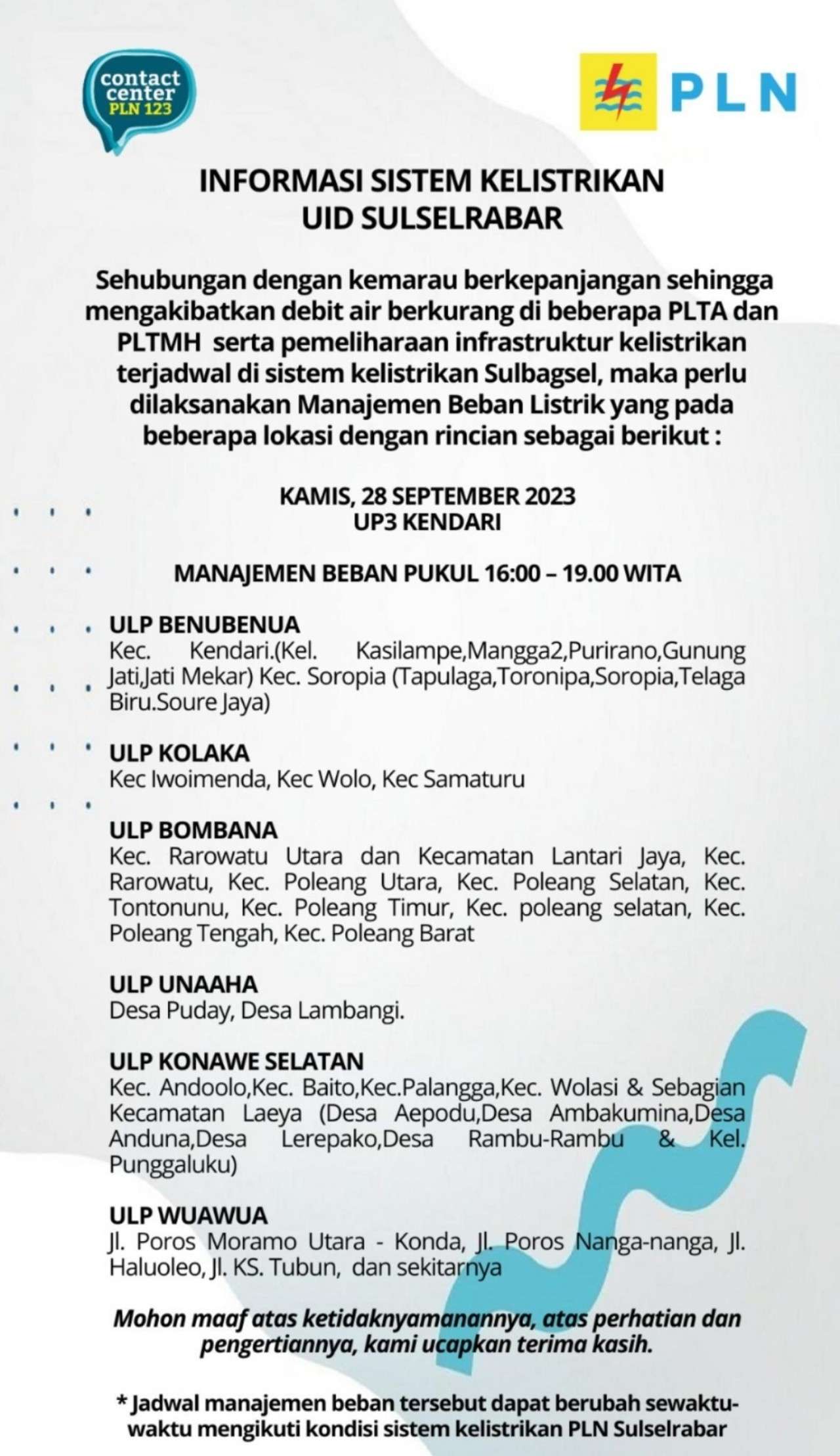 Mulai Pukul 10.00 WITA Kamis 28 September 2023 Kendari, Konsul, Kolaka, dan Sekitarnya Listrik Padam!