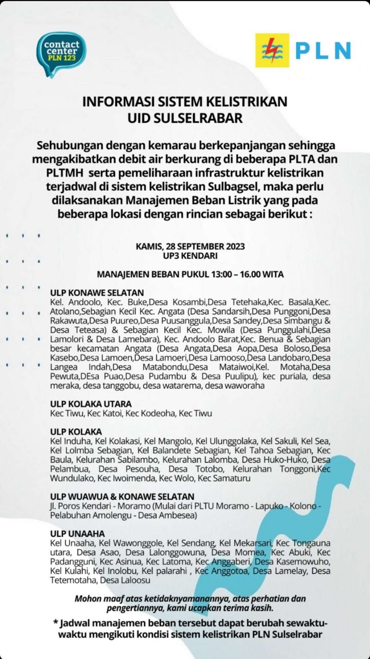 Mulai Pukul 10.00 WITA Kamis 28 September 2023 Kendari, Konsul, Kolaka, dan Sekitarnya Listrik Padam!