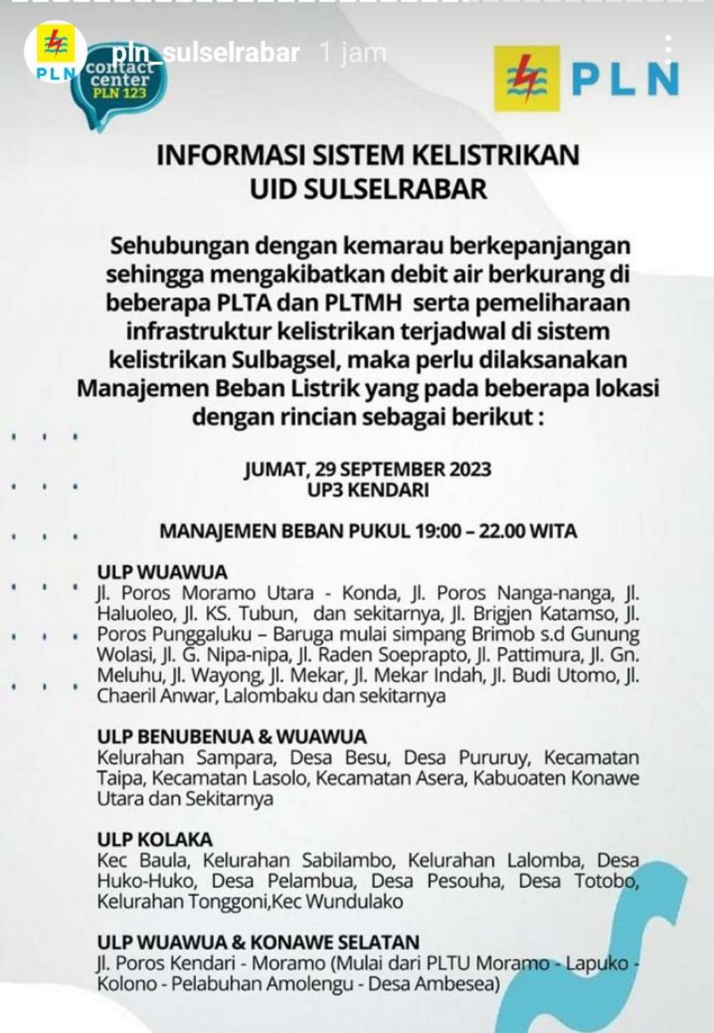 Jadwal dan Lokasi Pemadaman Listrik di Kendari Hari Ini, Jumat 29 September 2023