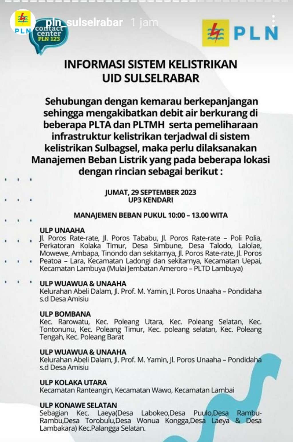 Jadwal dan Lokasi Pemadaman Listrik di Kendari Hari Ini, Jumat 29 September 2023