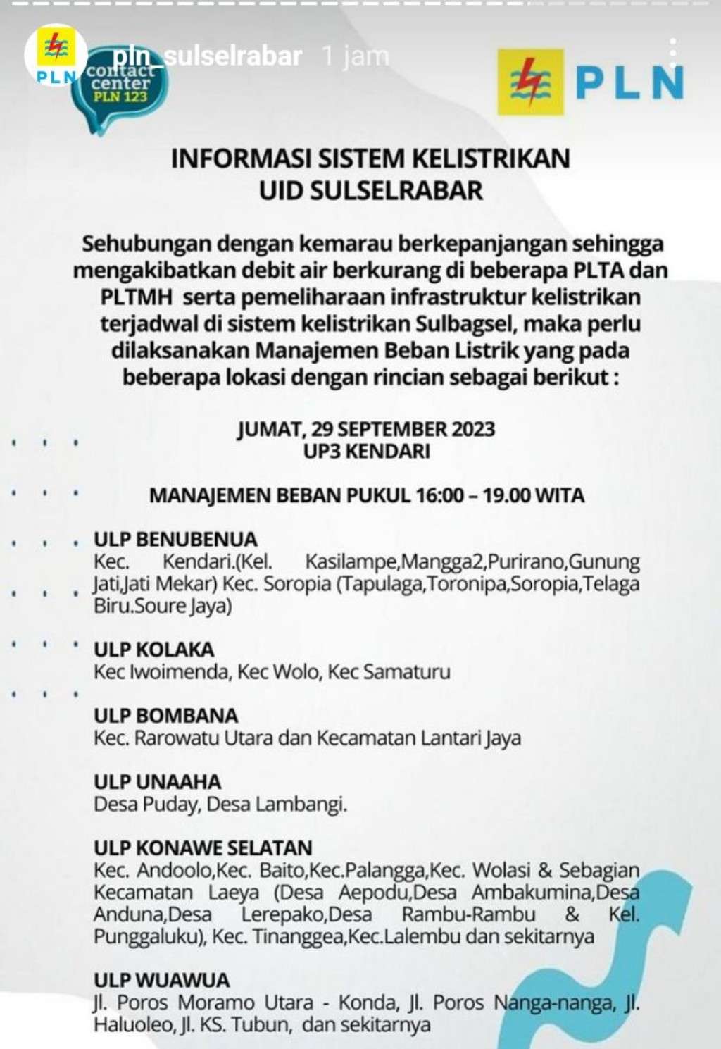 Jadwal dan Lokasi Pemadaman Listrik di Kendari Hari Ini, Jumat 29 September 2023