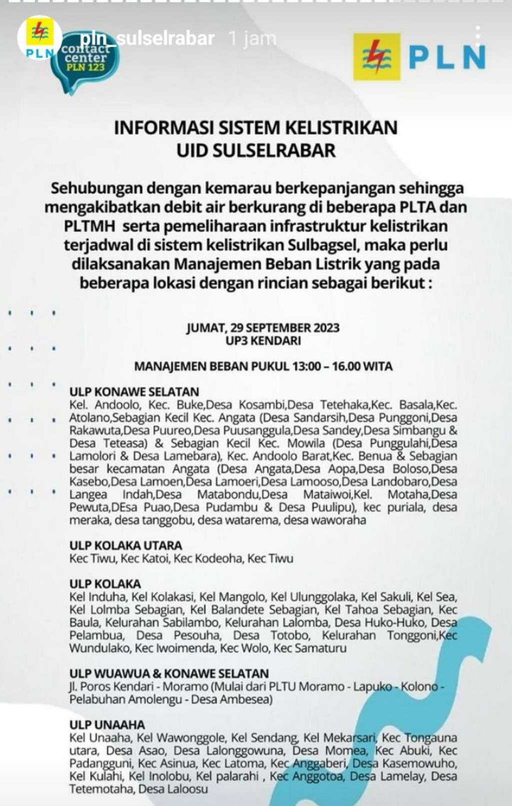 Jadwal dan Lokasi Pemadaman Listrik di Kendari Hari Ini, Jumat 29 September 2023